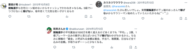 ツイッター　投稿　「競輪選手　稼げない」